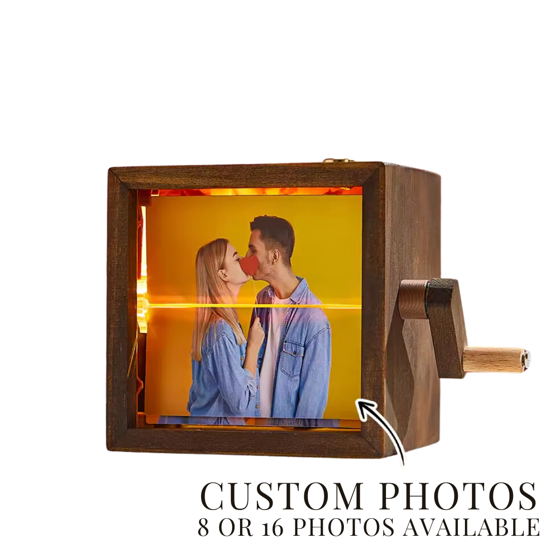 Personalized photo book box with crank